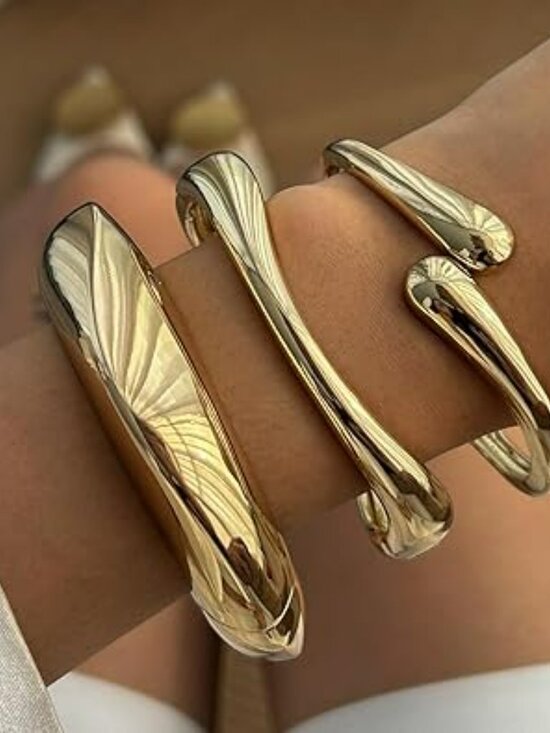 Set of 3 Chunky Gold Bangle Bracelet Adjustable Twist Cuff Elegant Jewelry - Picture 2 of 3